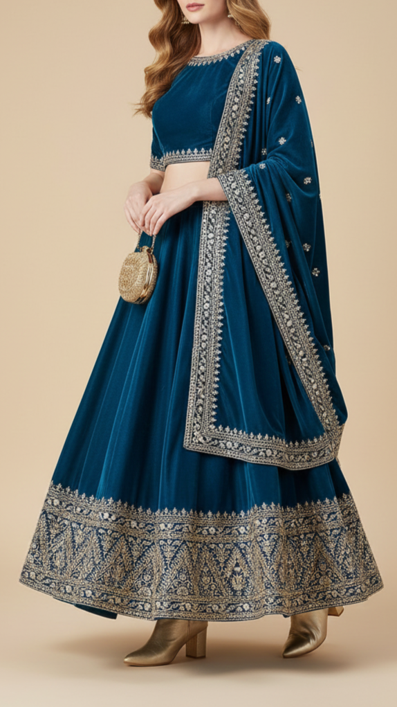 Peacock Blue Velvet Fabric With One Side Heavy Border Of Zari And Sequins 20513