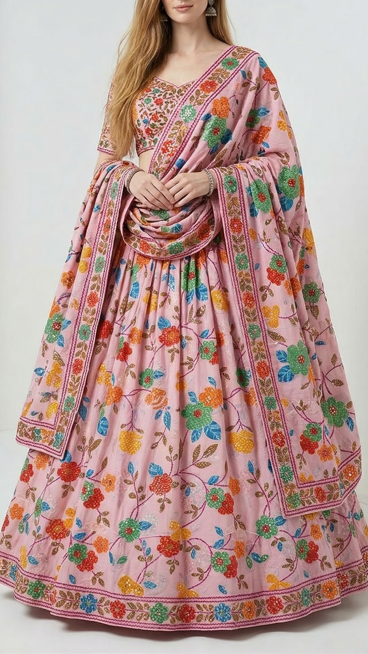 Pink Muslin Fabric With All Over Sequins And Thread Work 22485