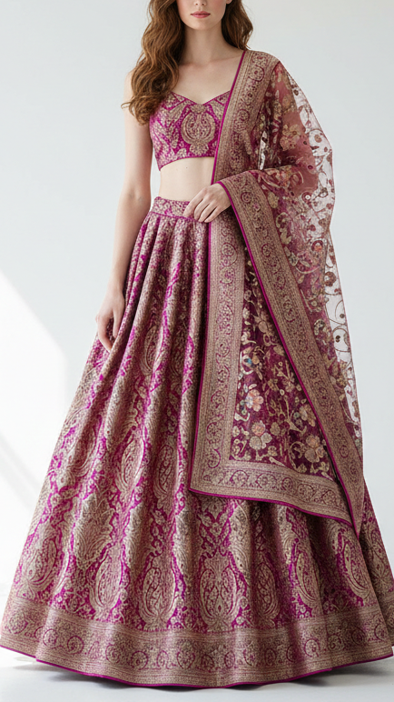 Purple Banarasi Brocade Fabric With All Over Golden Zari Handloom 21290