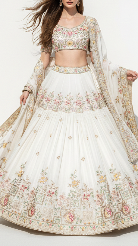 White Dyeable Organza Fabric With All Over Sequins, Bead, Katdana And Multi Color Thread Work With One Side Border 21720