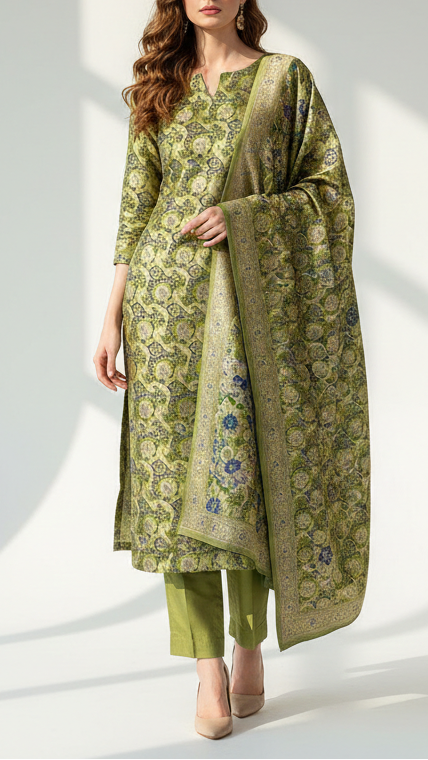 Light Green Banarasi Brocade Fabric With All Over Thread And Zari Handloom 21276