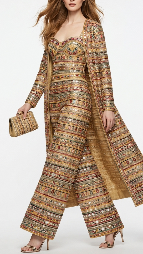 Golden Net Fabric With All Over Zari, Sequins, Bead, Faux Mirror, Katdana And Multi Color Thread Work 22283