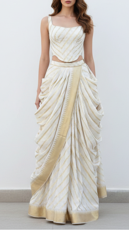 White Dyeable Banarasi Brocade Fabric With All Over Stripes Of Golden Zari Handloom 21928