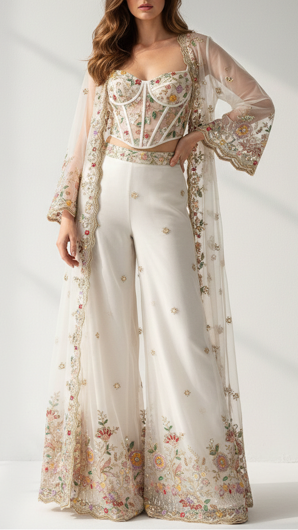 White Dyeable Georgette Fabric With All Over Buti Of Sequins, Katdana And Bead Work With One Side Border 21721