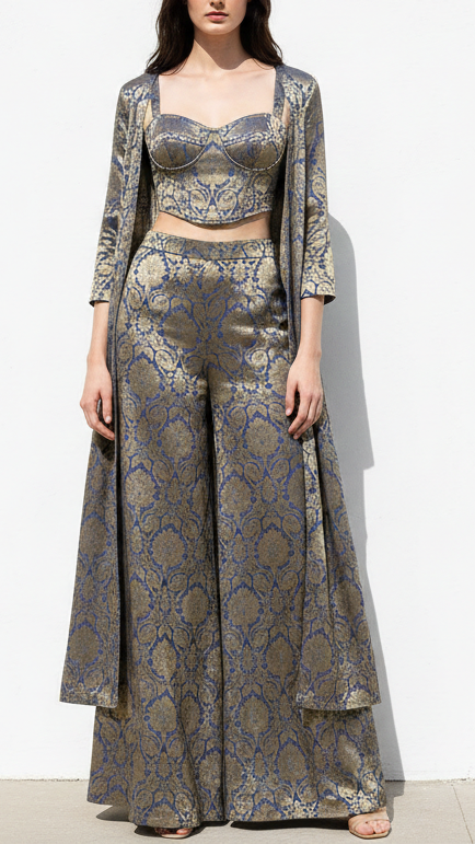 Greyish Blue Banarasi Brocade Fabric With All Over Golden Zari Handloom 21599