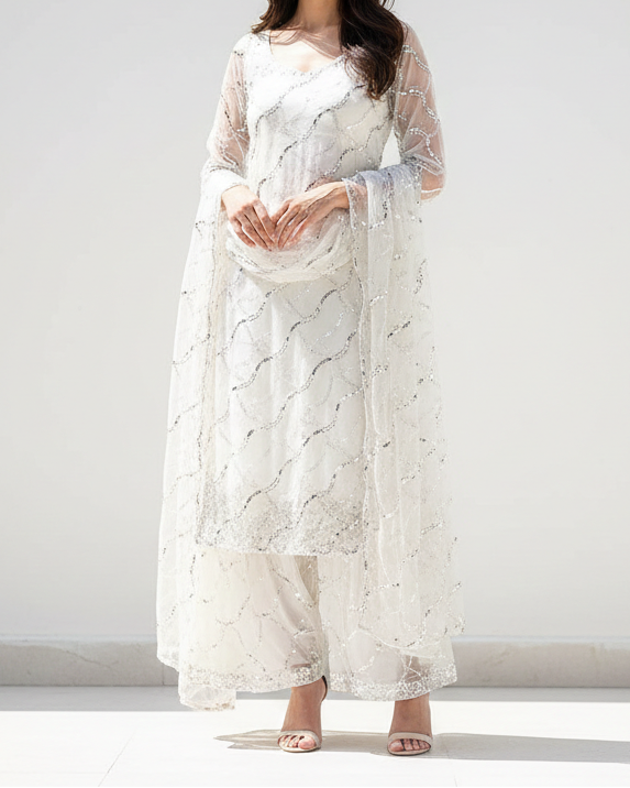 The Noor - White Dyeable Net Fabric With All Over Stripes Of Katdana, Sequins And Beads Work | 21594