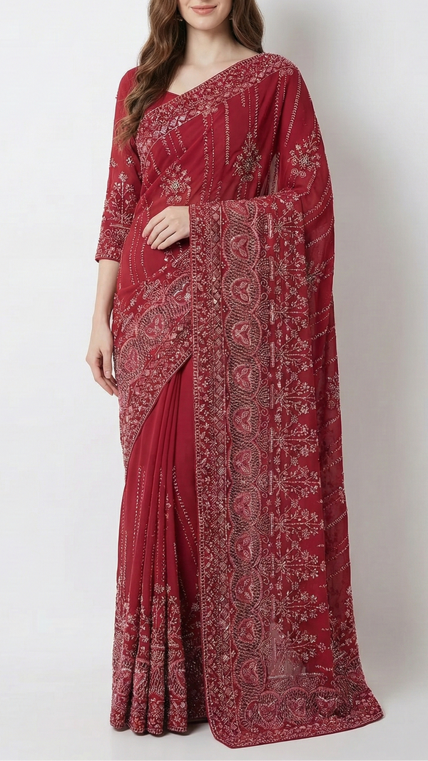 Maroon Georgette Fabric With Allover Sequins, Katdana And Bead Work With Heavy Border 21122