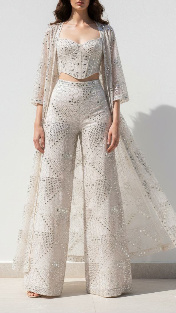 White Dyeable Georgette Fabric With All Over Zari, Faux Mirror And Sequins Work 21482