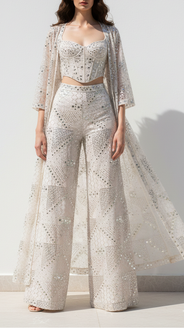 White Dyeable Georgette Fabric With All Over Zari, Faux Mirror And Sequins Work 21482