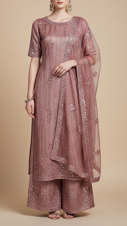 Blush Pink Imported Organza Satin Fabric With All Over Sequins, Katdana And Bead Work With One Side Heavy Border 16432