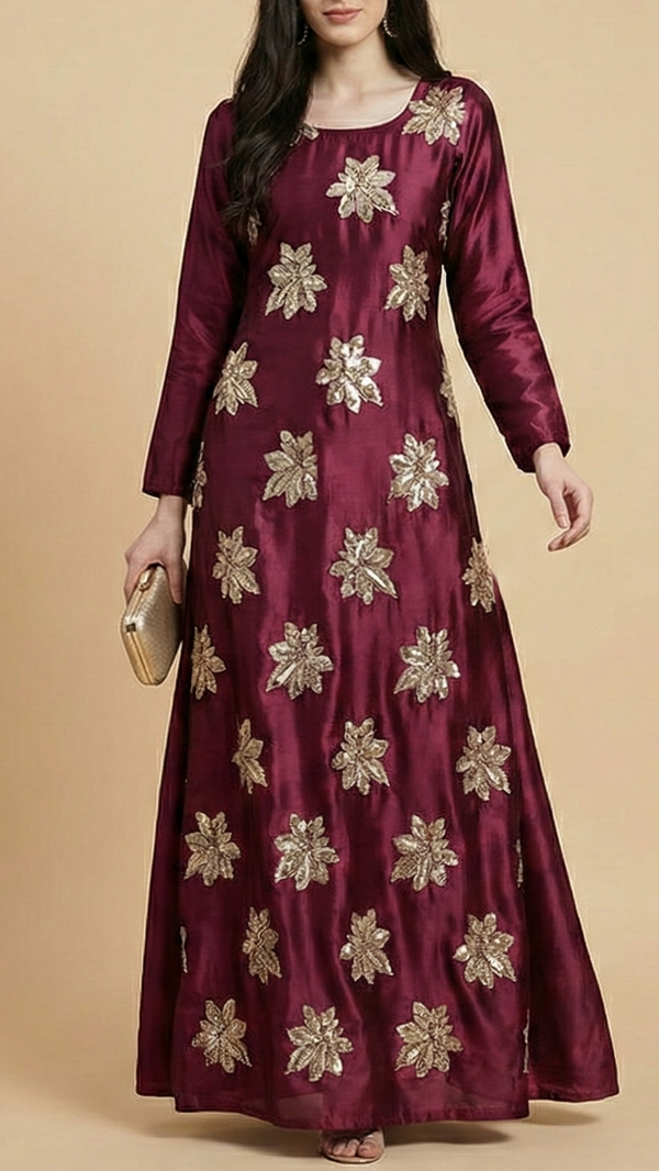 Wine Silk Fabric With All Over Sequins, Bead And Katdana Work 20916
