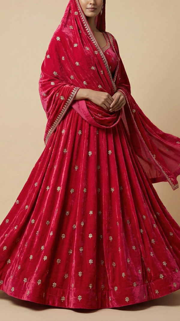 Rani Pink Velvet Fabric With All Over Buti Of Katdana, Sequins And Zari 20600