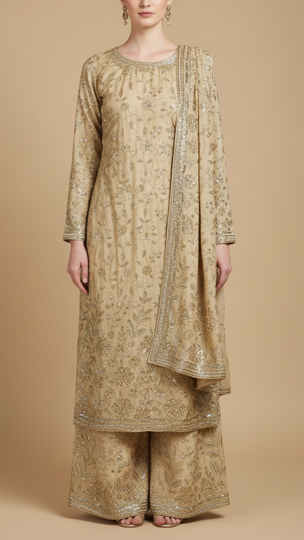 Cream Crepe Fabric With All Over Sequins, Bead And Zari With One Side Scalloped Border 19946