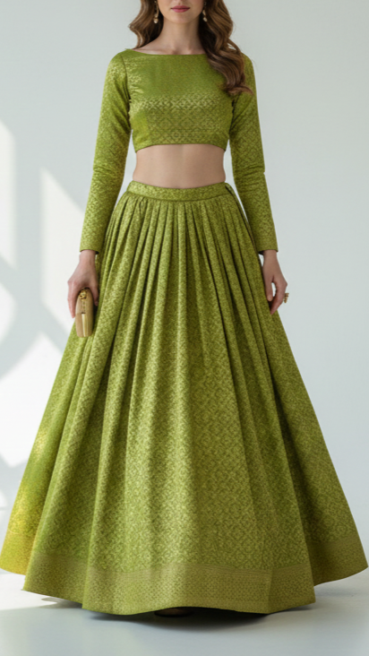 Mehendi Green Banarasi Brocade Fabric With All Over Golden Zari Handloom 21052