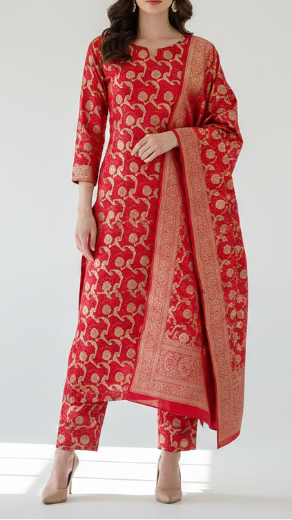 Red Banarasi Brocade Fabric With All Over Thread And Zari Handloom 21275
