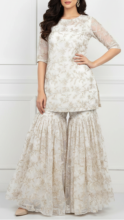 White Dyeable Georgette Fabric with Allover Zari, Thread and Sequins Work 21085