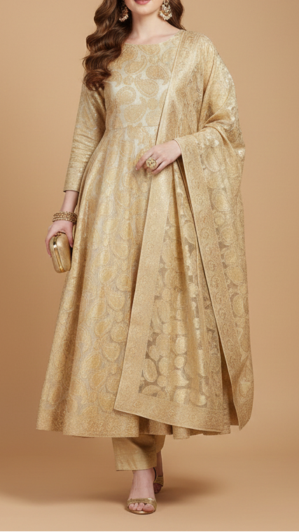 White Organza Tissue Fabric With All Over Golden Zari Handloom 20575