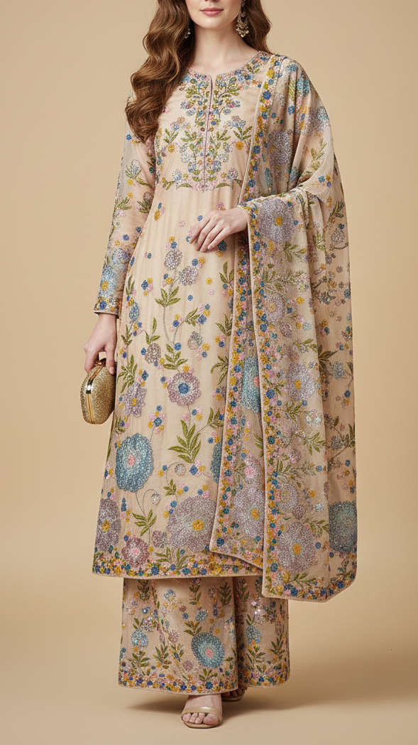 Peach Crepe Fabric With All Over Thread, Zari And Sequins With One Side Border 20374