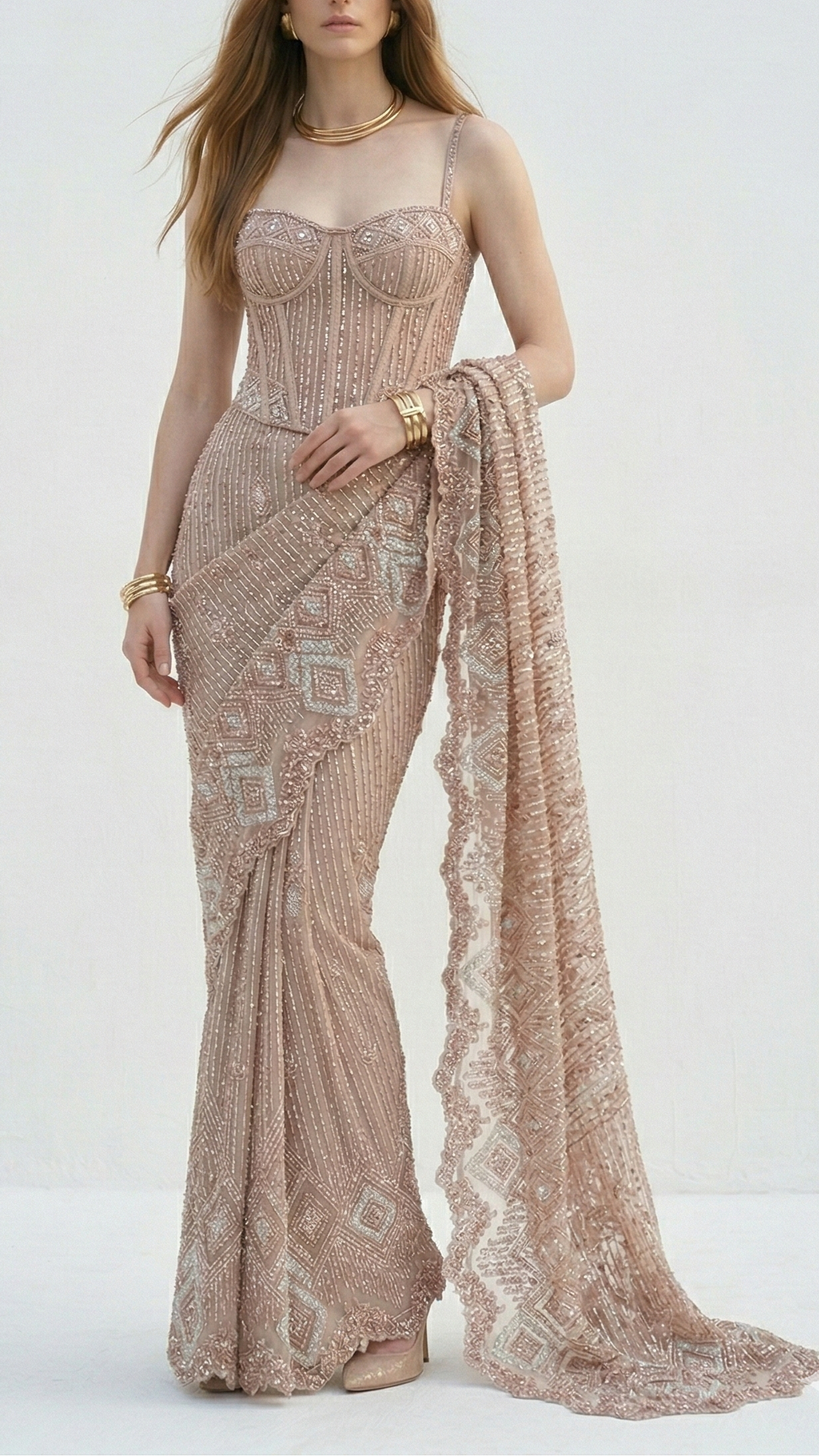 White Imported Net Fabric With All Over Sequins And Bead Work With One Side Border 16593