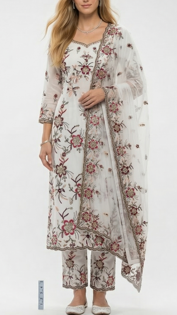White Cotton Fabric With All Over Thread And Sequins Work With One Side Heavy Border 15603