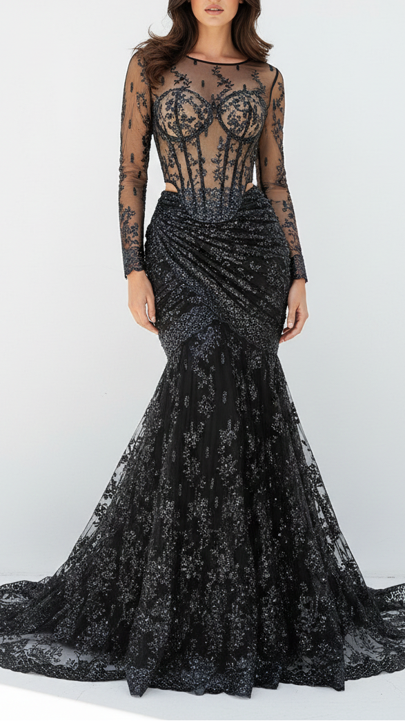 Black Imported Net Fabric With All Over Katdana, Bead And Sequins Work With One Side Scalloped Border 22038
