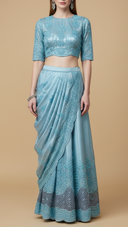 Sky Blue Imported Organza Satin Fabric with All Over Katdana, Bead & Sequins Work with One Side Cutwork and Scalloped Border 15525