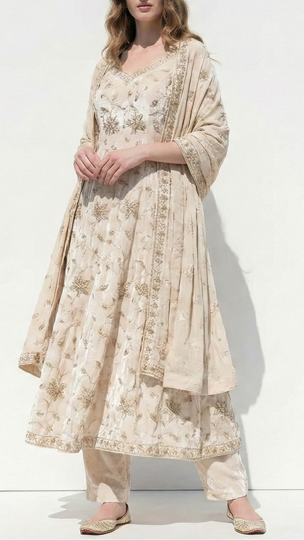 White Velvet Fabric With All Over Sequins, Zari, Katdana Work 20895
