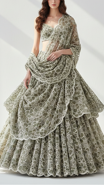 Olive Green Cotton Fabric With All Over Thread And Cutwork With Scalloped Edges 21887