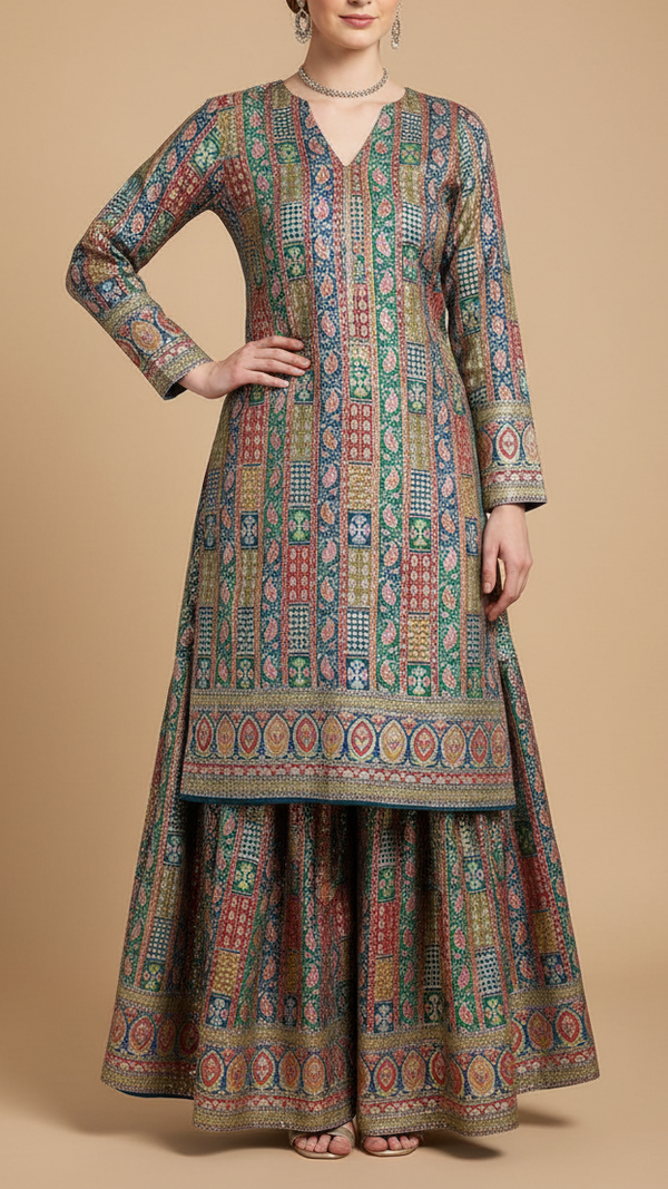 Teal Blue Crepe Fabric with Allover Traditional Print and Sequins Zari Work with One-Side Border 19765