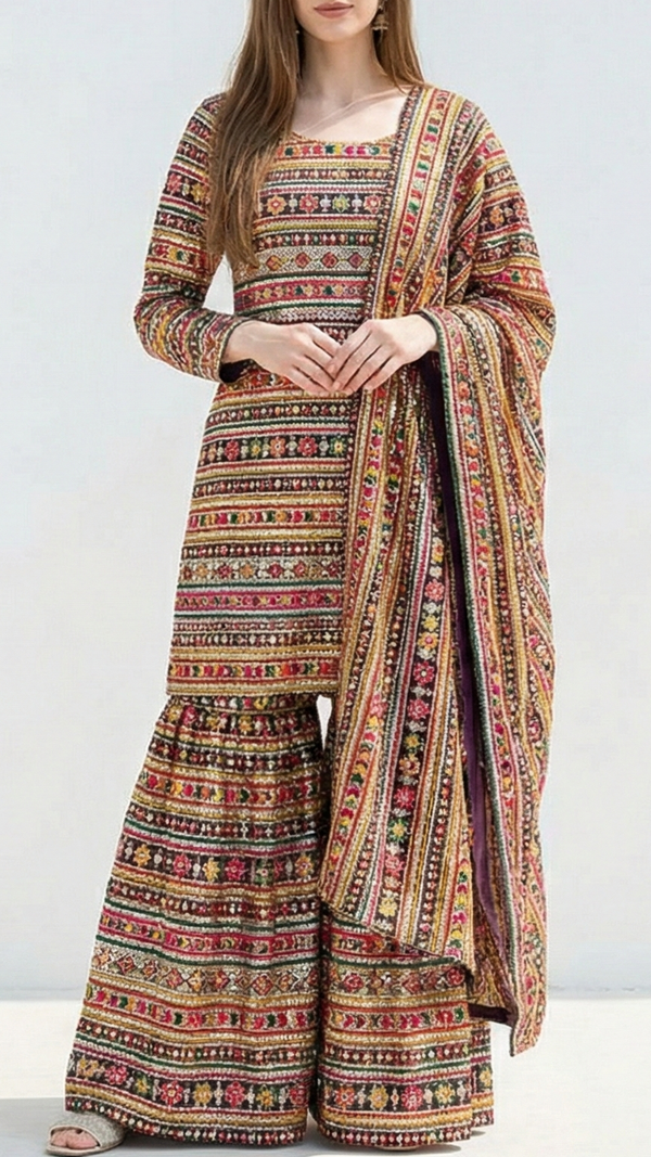 Purple Georgette Fabric With All Over Thread, Sequins And Zari Work 21250