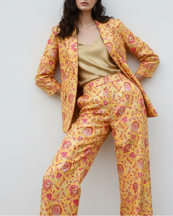 Yellow Banarasi Brocade Fabric With All Over Thread And Zari Handloom 21468