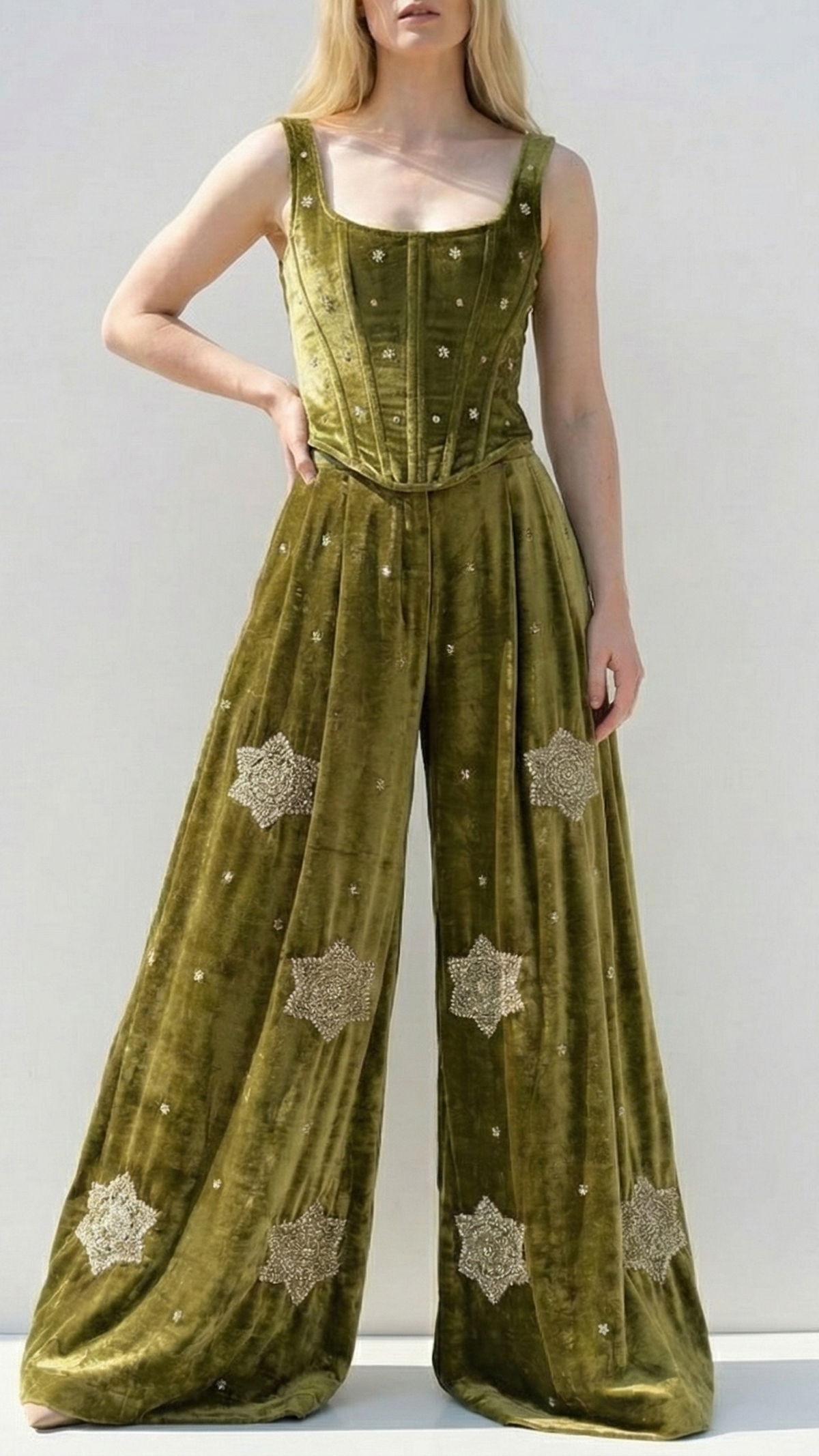 Mehendi Green Velvet Fabric With All Over Buti Of Sequins, Katdana and Bead 20985