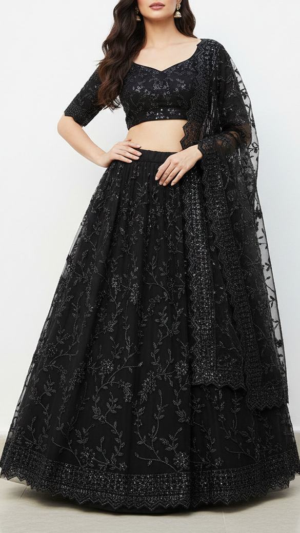 Black Imported Net Fabric With All Over Katdana, Bead And Sequins Work With One Side Scalloped Border 22036