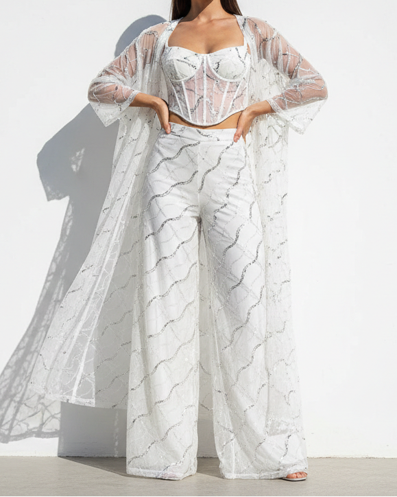 The Noor - White Dyeable Net Fabric With All Over Stripes Of Katdana, Sequins And Beads Work | 21594