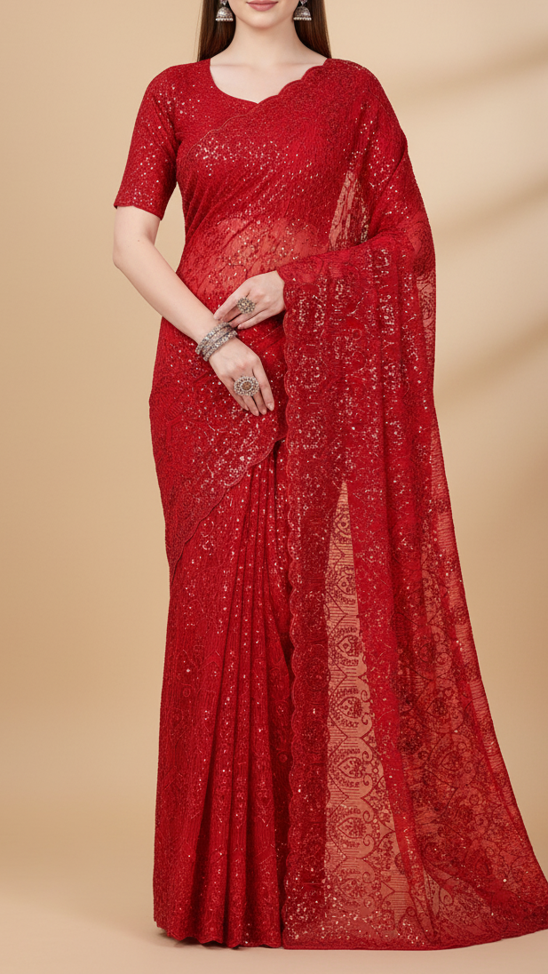 Red Georgette Fabric with All Over Sequins Work and One-Side Scalloped Border 19766