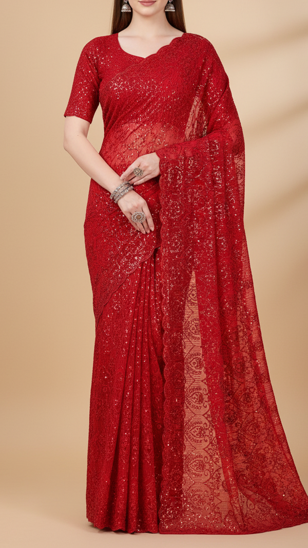 Red Georgette Fabric with All Over Sequins Work and One-Side Scalloped Border 19766