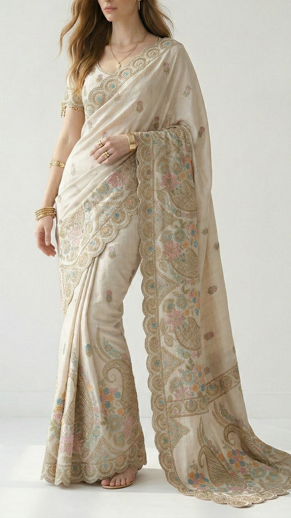 White Dyeable Dola Silk Fabric With All Over Buti Of Zari, Sequins, Bead, Katdana And Multi Color Thread Work With One Side Scalloped Border 21965