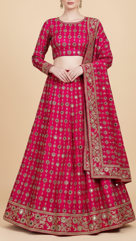 Rani Pink Crepe Fabric With All Over Sequins, Katdana, Zari, Mirror And Bead Work With One Side Border 19993