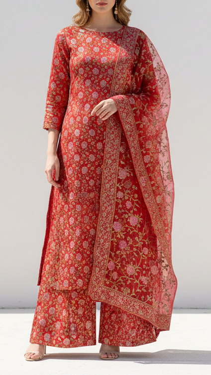 Red Banarasi Brocade Fabric With All Over Thread And Zari Handloom 21304