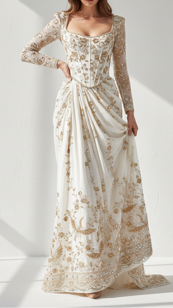 White Dyeable Georgette Fabric With All Over Katdana, Zari, Sequins And Bead Work With One Side Border 20425