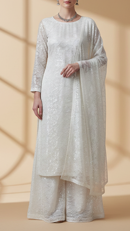 The Noor - White Upada Silk Fabric with Eternal Thread and Sequins Work | 12882