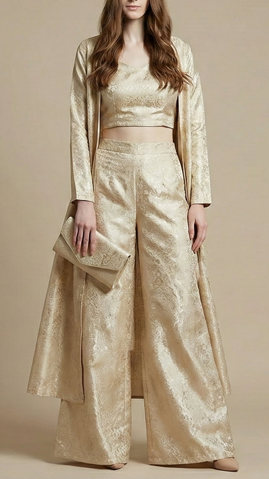 Light Golden Tissue Fabric With All Over Self Work 20399