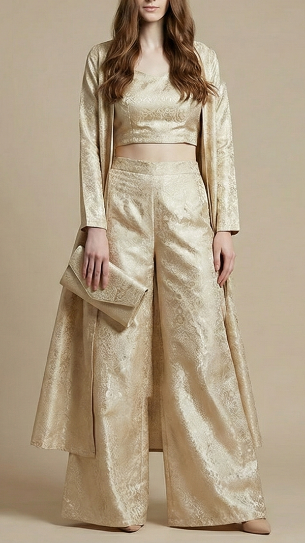 Light Golden Tissue Fabric With All Over Self Work 20399