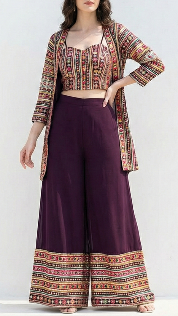 Purple Georgette Fabric With All Over Thread, Sequins And Zari Work 21250