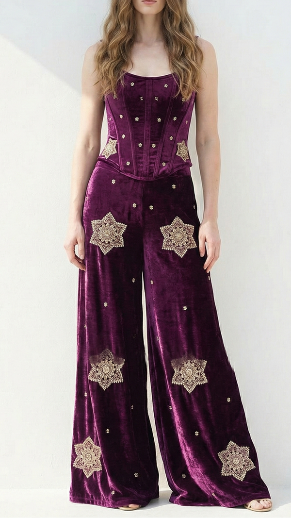 Purple Velvet Fabric With All Over Buti Of Sequins, Katdana and Bead 20987