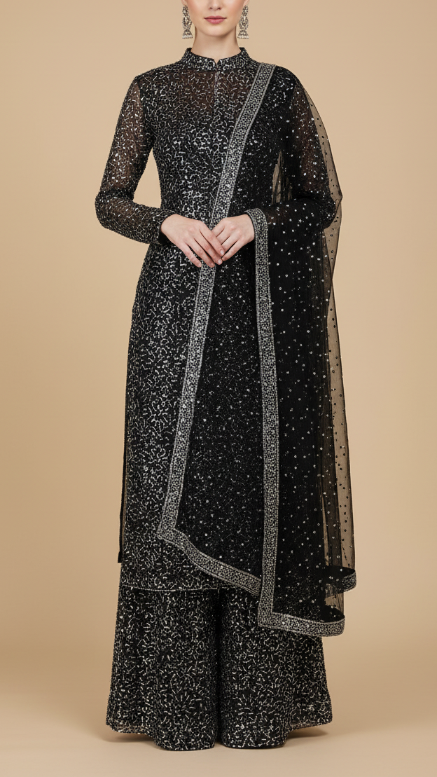 The Noor - Black Net Fabric With Sequins And Faux Katdana Work | 19940