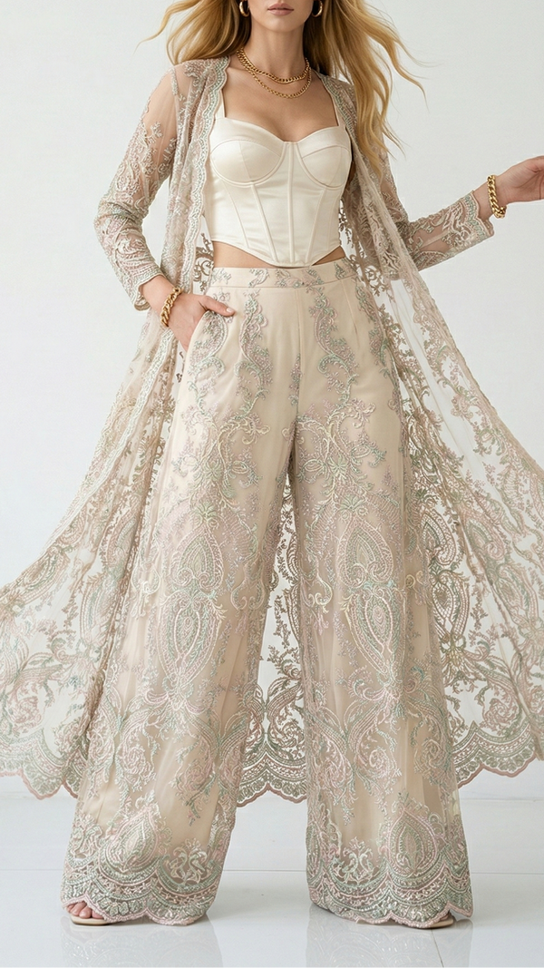 Cream Imported Net Fabric With All Over Sequins, Thread, Bead And Katdana Work 21937