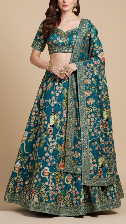 Teal Blue Crepe Fabric with All Over Zari and Sequins Work with Abstract Print 15986