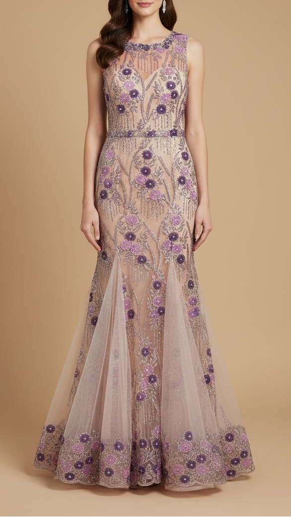 Purple Imported Net Fabric with Allover Ribbon Work, Katdana & Bead Work with Two-Side Scalloped Edges Border 19722