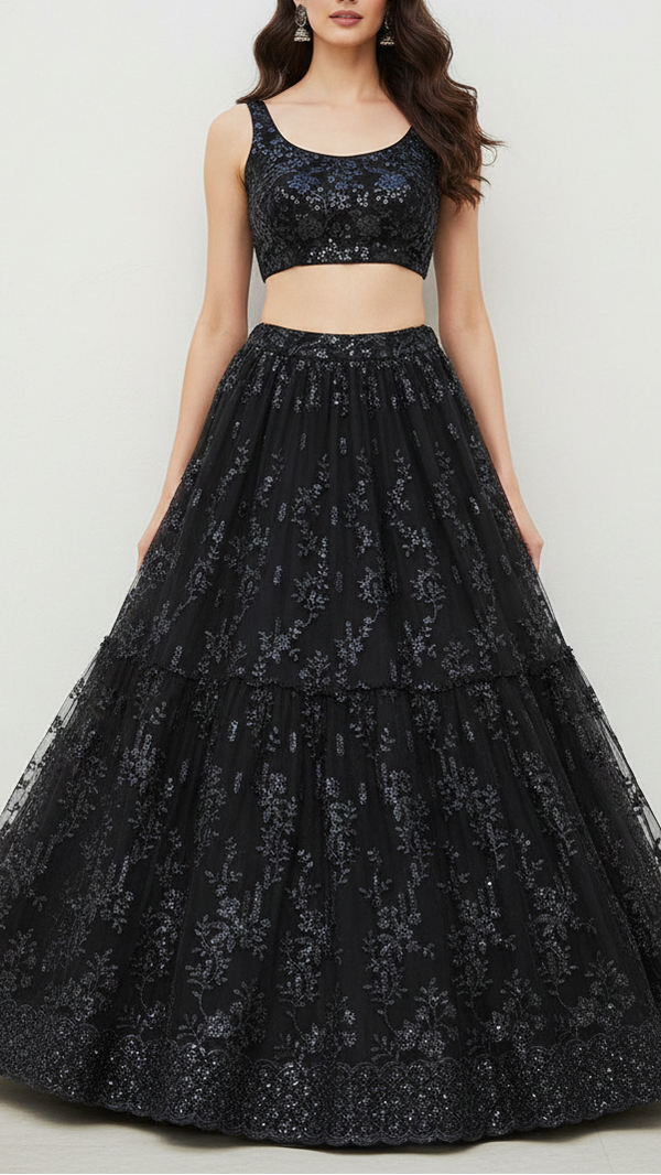 Black Imported Net Fabric With All Over Katdana, Bead And Sequins Work With One Side Scalloped Border 22038